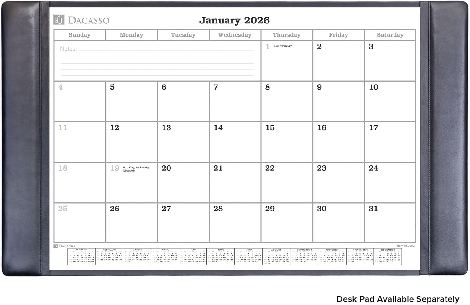 2026 Desk Pad Monthly Calendar Refill/Insert, 32.875" x 18.875", Dacasso (S2002 / S2002-O)