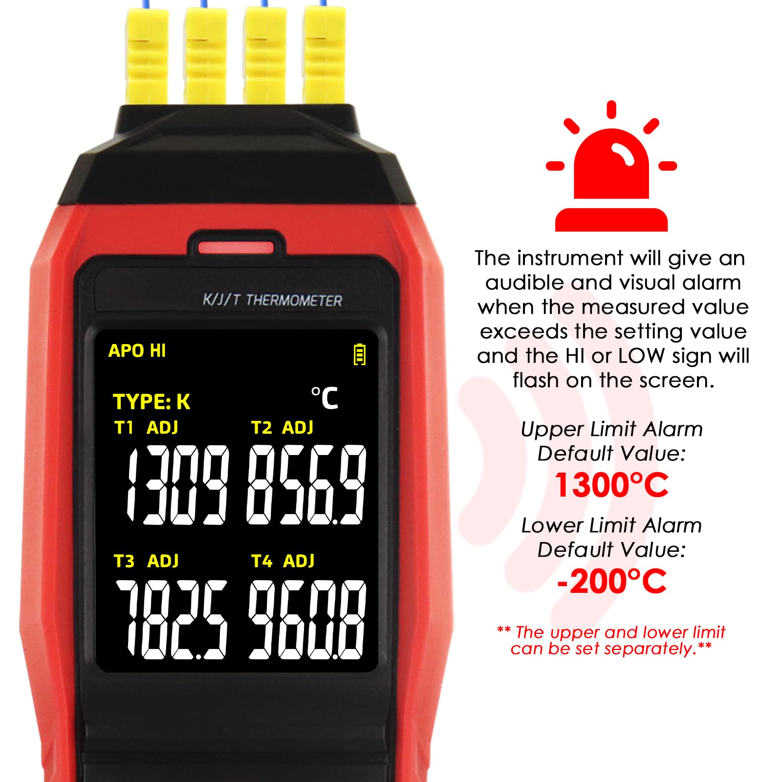 Termómetro digital de termopar de 4 canales tipo K/J, registrador de datos de temperatura con 5000 grupos de registros, alarma audible, apagado automático, rango de -200.0 °C a 1,371.7 °C, herramienta