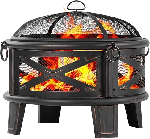 Miniatura 10 de Breezz Fogata de leña de 26 pulgadas con parrilla de cocina y pantalla de chispas, hoguera redonda de metal para exteriores, patio, fiesta de