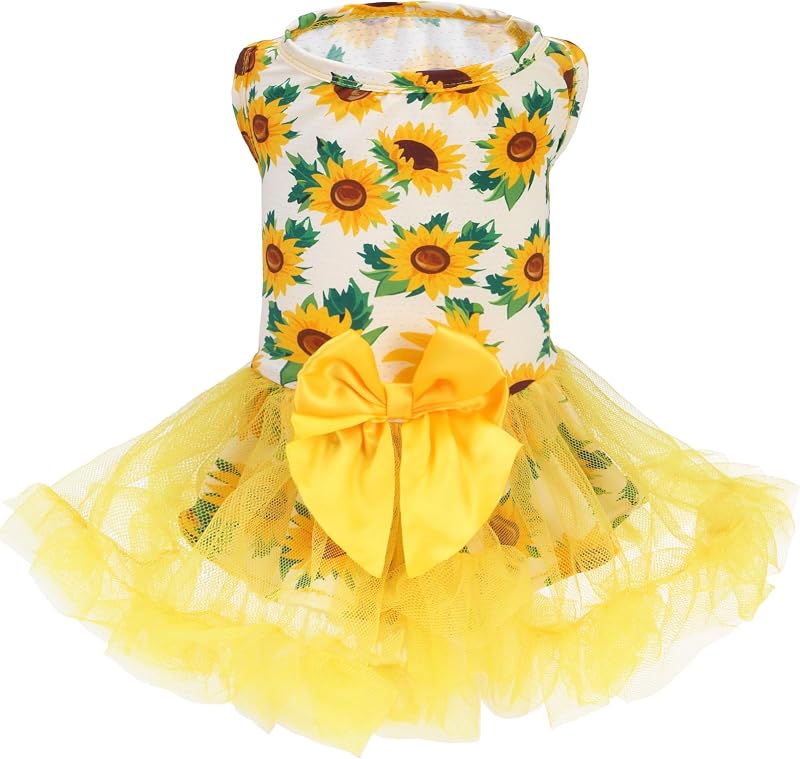 PUPTECK Breathable Stretchy Dog Dress with Tutu Skirt and Bow, Yellow M | Sweet Princess Sleeveless Tulle Dress for Small Medium Dog Cat, Pet Clothes Apparel Outfit for Birthday Holiday Party