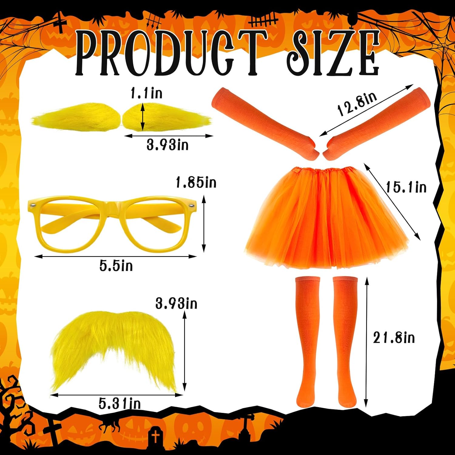 Yellow Mustache and Eyebrows With Glasses Orange Tutu Skirt Headband Socks Gloves Set, Halloween Costume for Adult - Image 2
