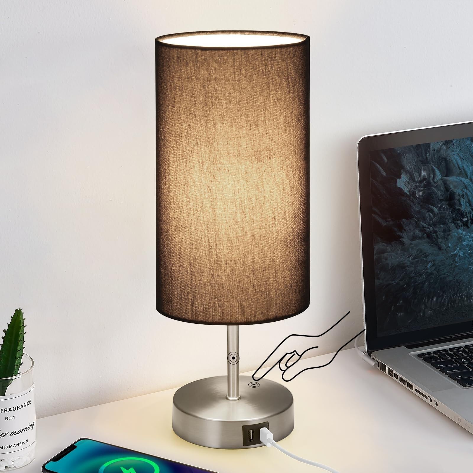 Lampka nocna Lampka nocna dotykowa, mała drewniana lampa stołowa do sypialni z 2 portami ładowania USB i białym kloszem z tkaniny Lampki nocne(F)