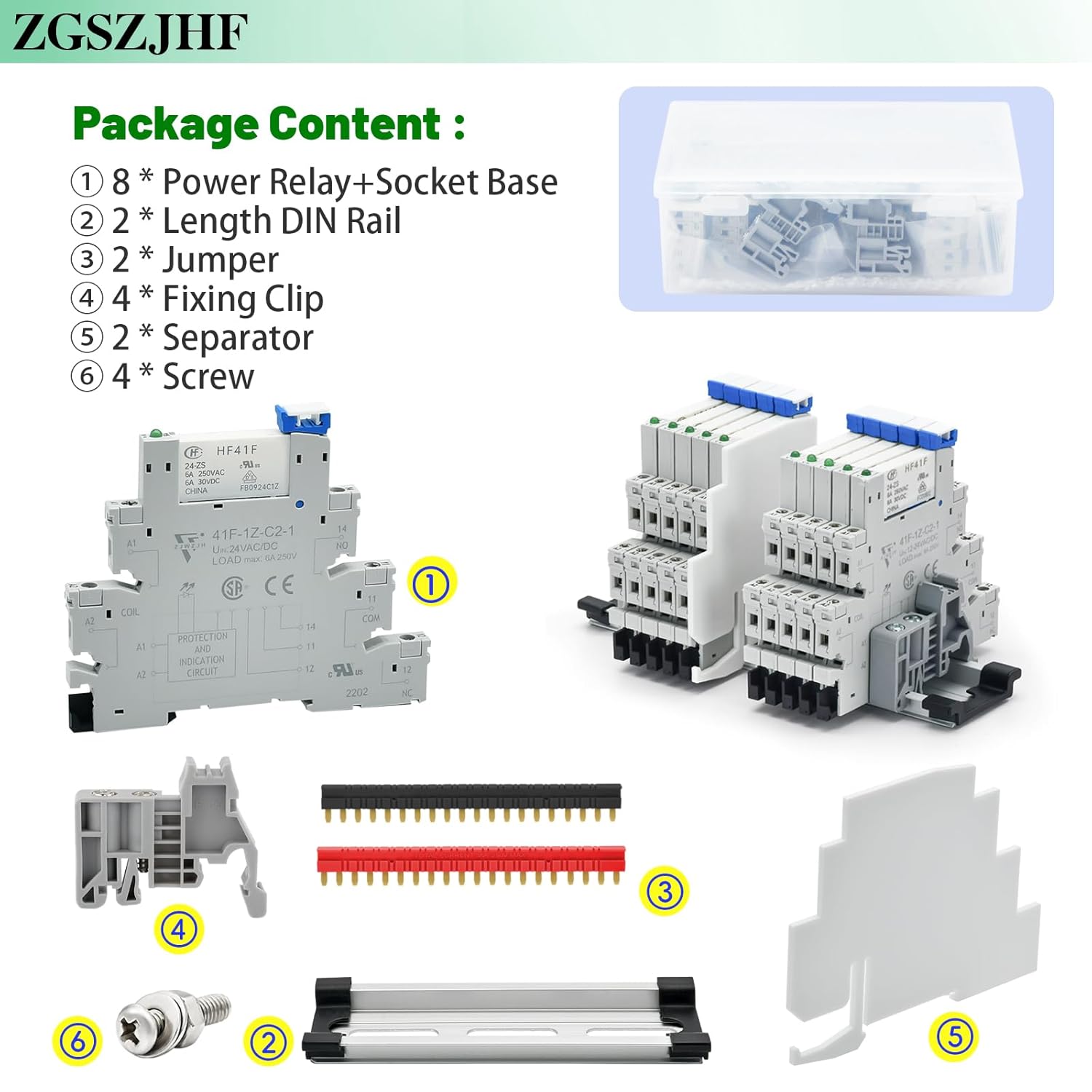 (8 Pcs) 24V Relay Din Rail; Miniature Power Relay; Silm; Signal Relay for PLC; 24VDC and 24VAC Both; 5 Pin SPDT with LED Indicator, Socket Base; Max 6A 250VAC