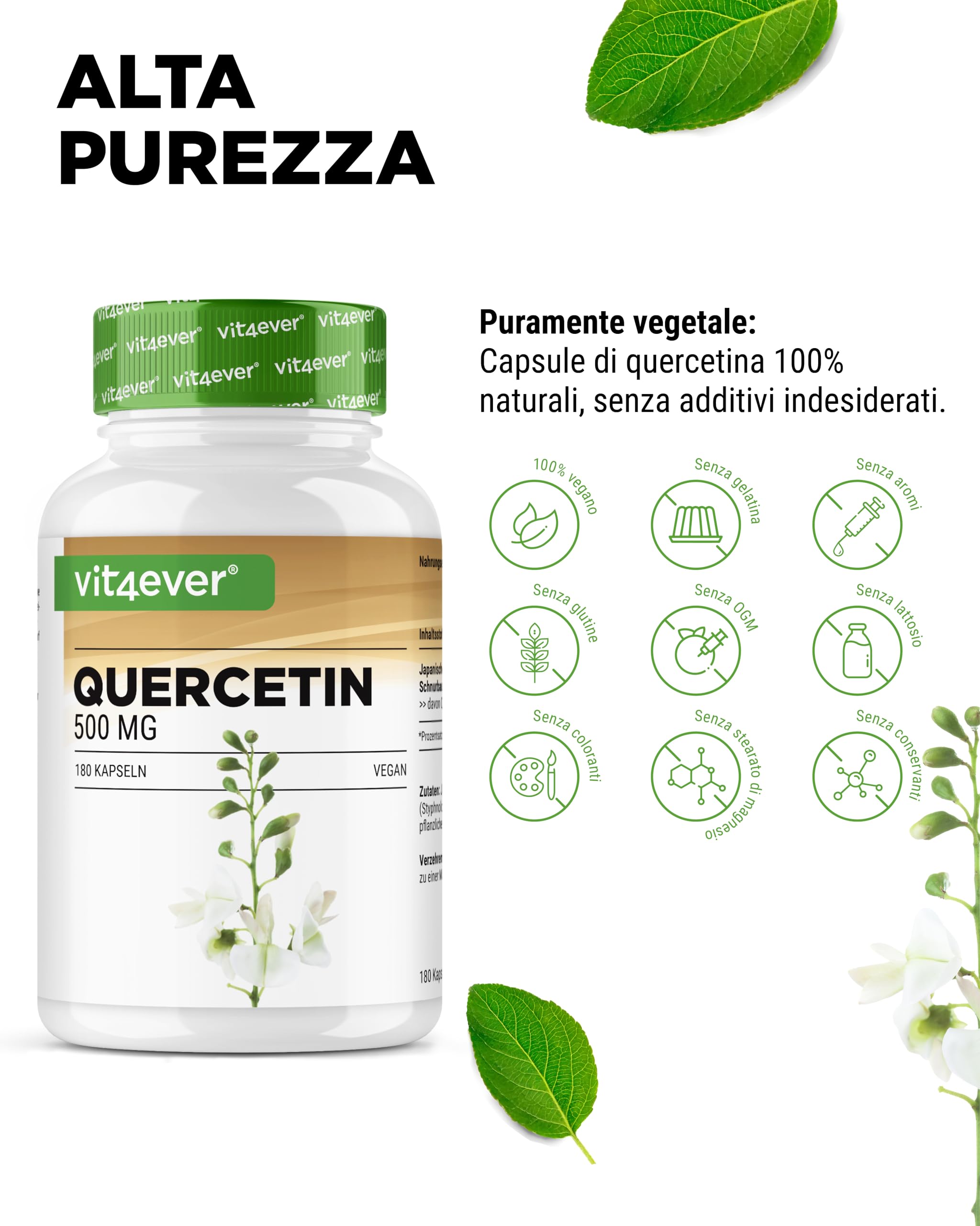 Quercetina - 500 mg - 180 capsule - Confezione per 6 mesi - Premium: estratto naturale di fiori di robinia in rapporto 15:1 con il 95% di quercetina - Altamente concentrato - Vegano
