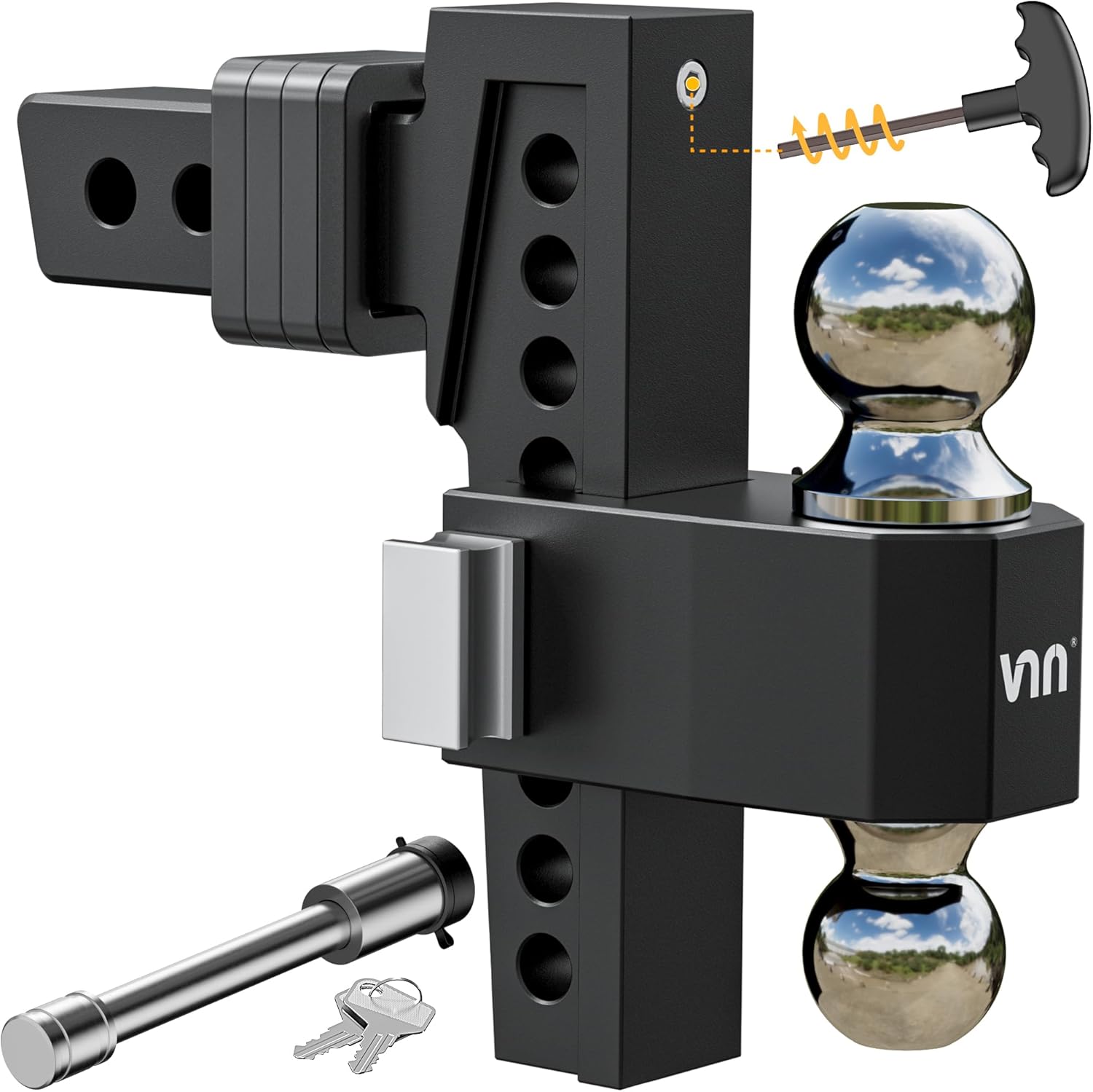 VNN Adjustable Drop Hitch, Dual-Ball(2'' & 2-5/16'') Hitch, Fits 2-Inch Receiver, 8 Inch Drop Trailer Hitch, 15,000 LBS GTW-Truck Trailer Hitch, Heavy Duty Solid Ball Mount, Black, VN0013 2 Inch 8 Drop