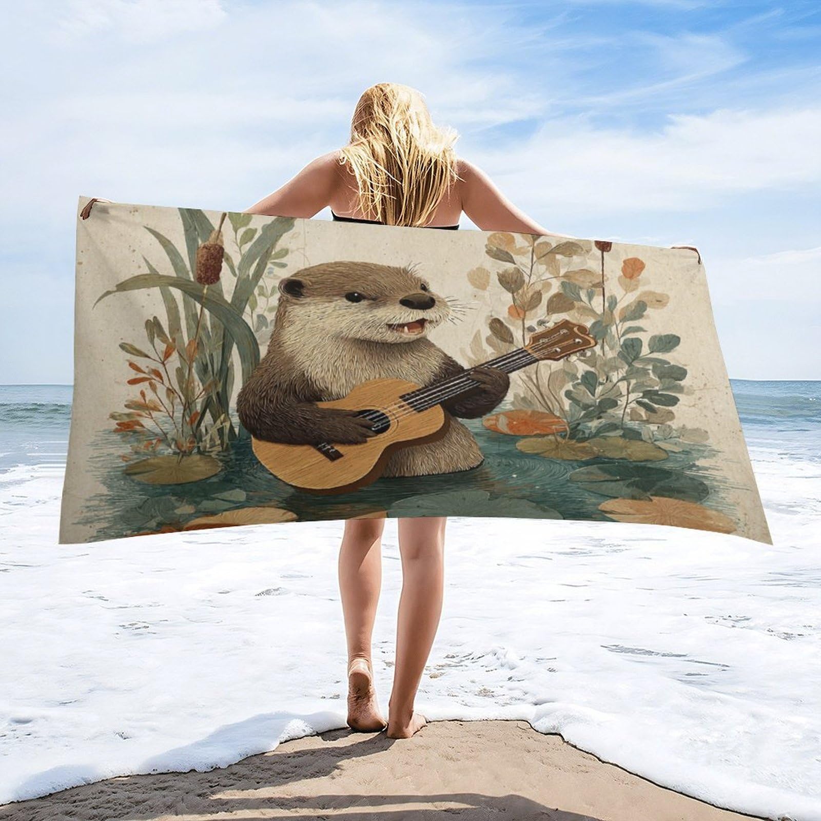 Luyysky Cute Classic Otter Playing Guitar Absorbent Beach Towel, Fantasy Rustic Music Theme Animal Otter Lotus Leaves Outdoor Single-Sided Velvet Beach Towel-80 W Cm X 160" L Cm