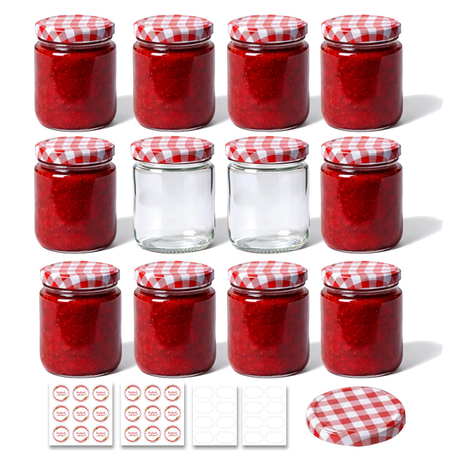 ComSaf Jam Jars with Lids 240ml 12 Pack, Round Glass Jars with Red Gingham Lids, Airtight Preserving Jars for Homemade Jam, Chutney and Pickles, Mason Jars with Labels for Gifting or Daily Storage