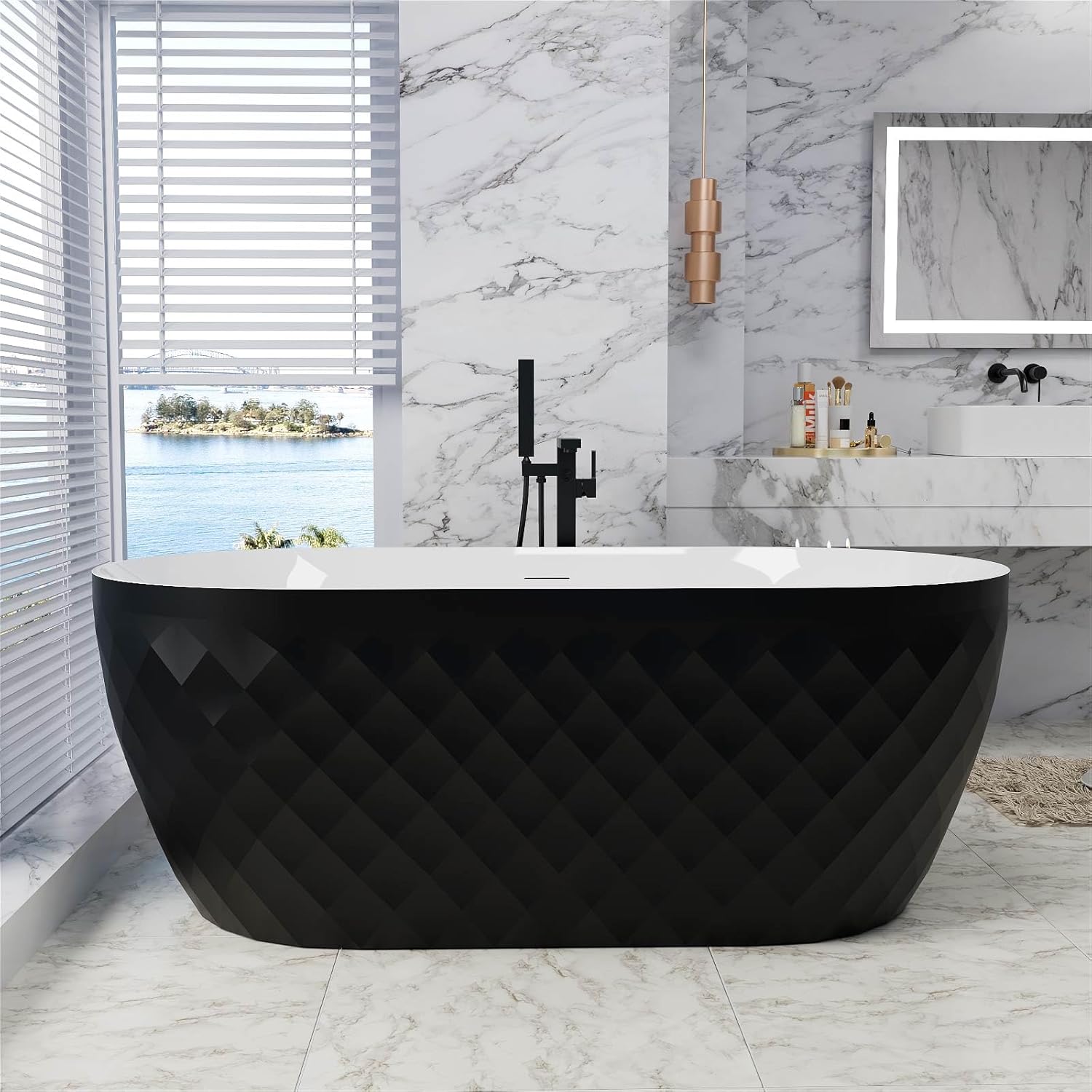 59" Acrylic Freestanding Bathtub，Double Ended Shape lozenge texture Bathtub with Integrated Slotted Overflow, Toe-Tap Chrome Drain, cUPC Certified,Black