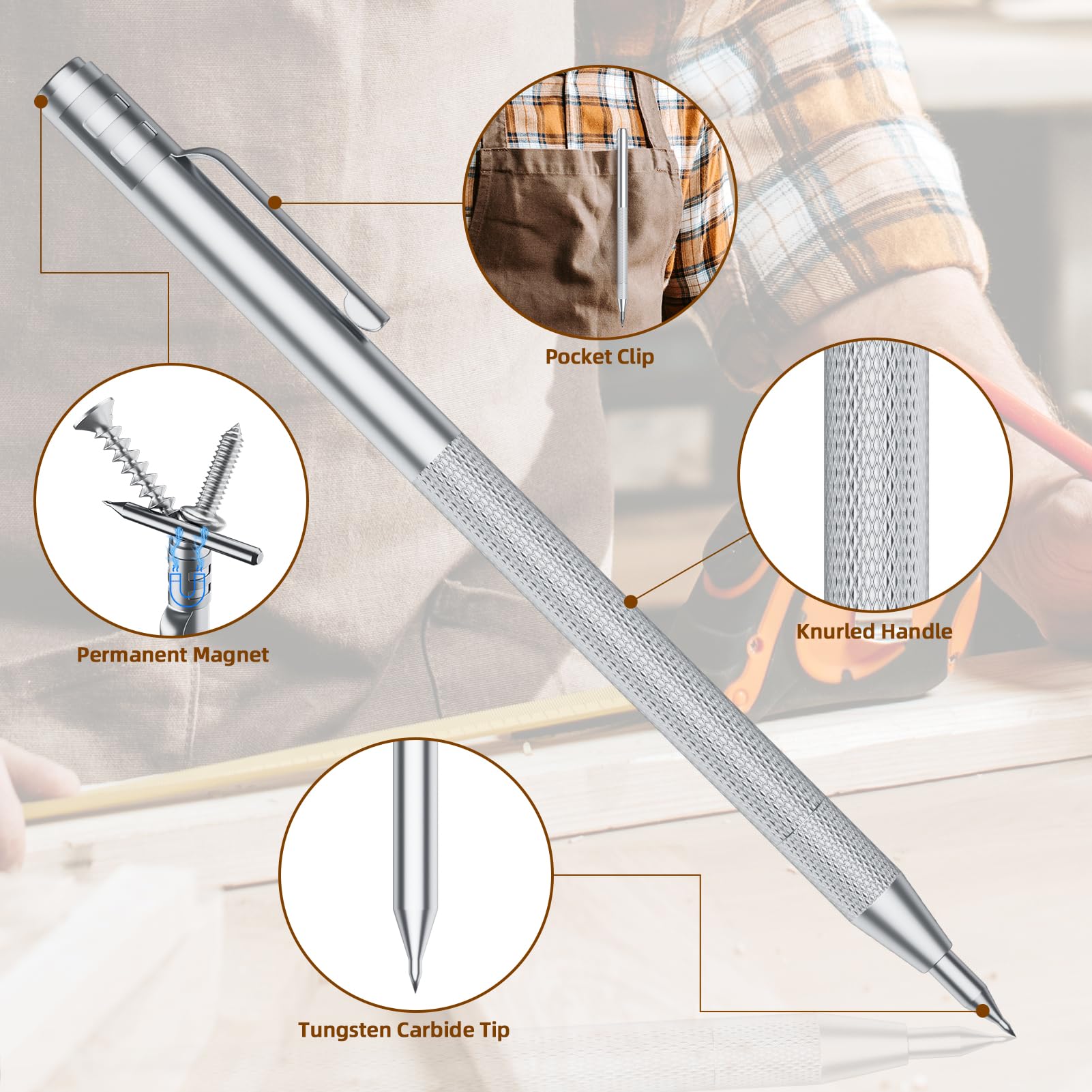 GCHMDE 5-Pack Tungsten Carbide Scriber, Metal Scribe Tool with 25 Replacement Marking Tips & Steel Ruler - Knurled Aluminum Handle & Magnet, Engraving Pen for Glass/Ceramics/Metal Sheet (5) — Amazon image 4