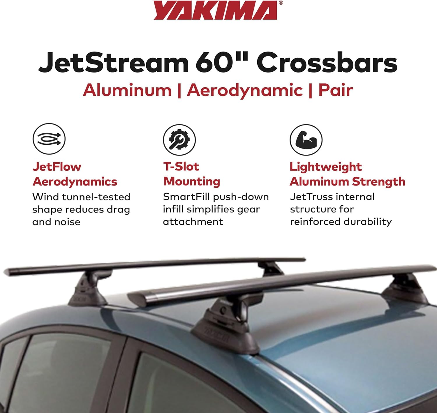 Yakima 60 Inch Aluminum T Slot Jetstream Bar Aerodynamic Crossbars for Roof Rack Systems Compatible with Any Streamline Tower, Black, Set of 2