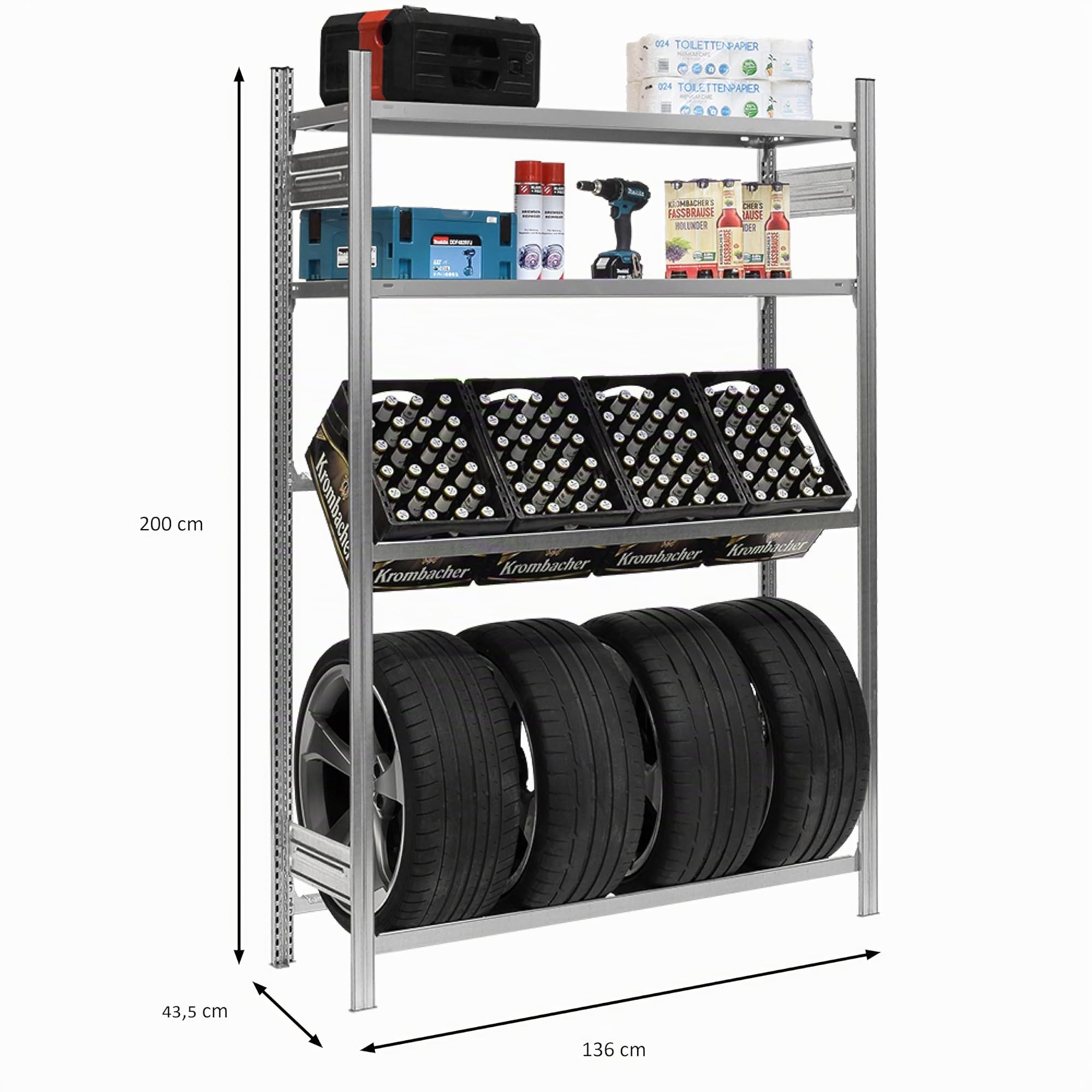 PROREGAL Getränkekisten- & Reifenregal CHIEMSEE TIRE Made in Germany | HxBxT 200x136x43,5cm | 3 Kisten + 4 Reifen & 2 Boards | Verzinkt