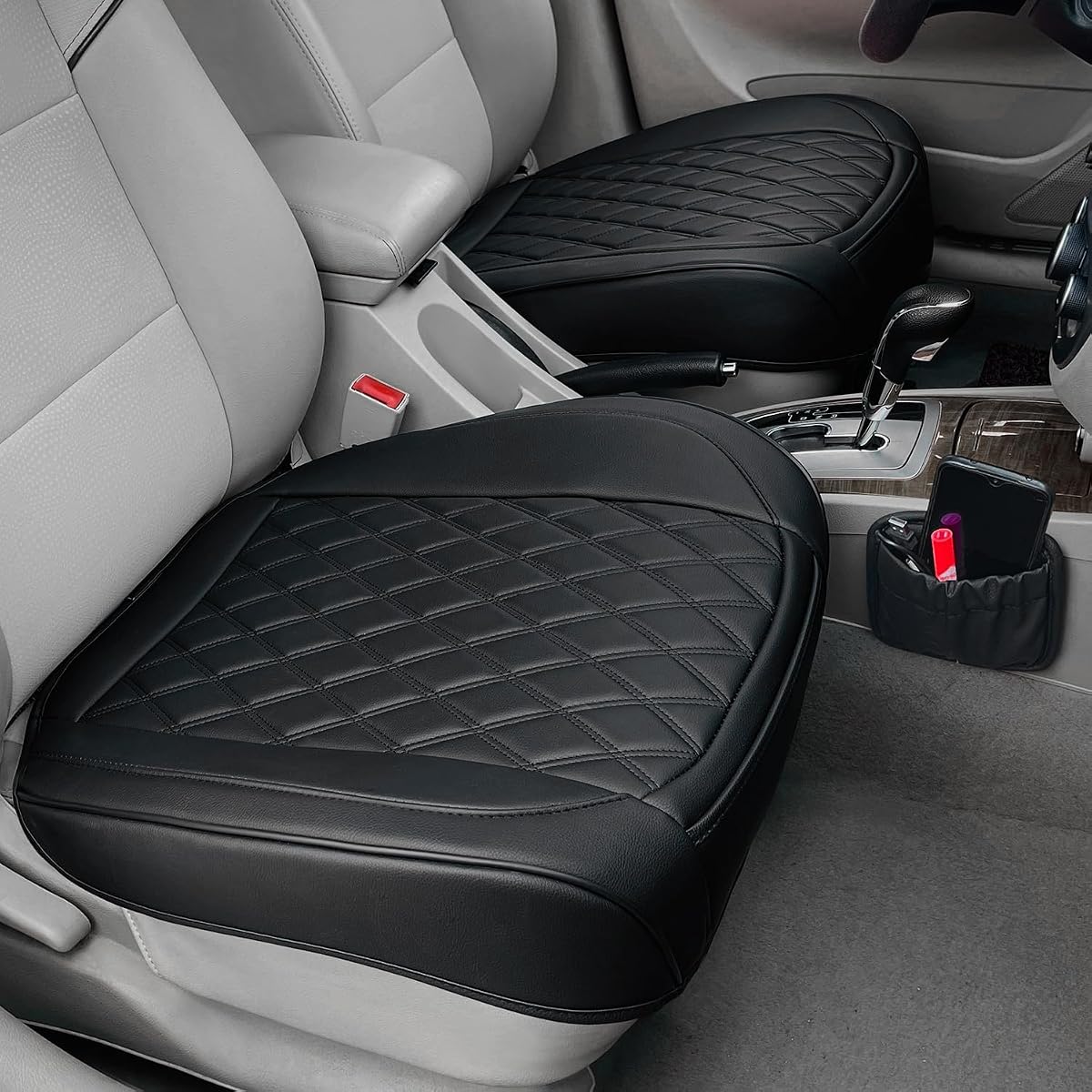 2 Pack Leather Front Car Seat Bottom Covers Black | PU leather,Waterproof, Full Wrap, Non-slip, with Storage Pocket, Universal Fit for Sedan Truck SUV, Easy to Install