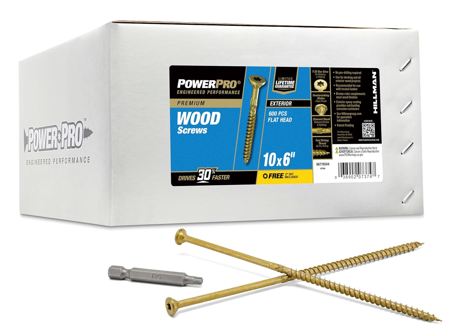 Power Pro Premium Exterior Wood Screws, #10 x 6 Inch All-Purpose Deck Screws for Outdoor Projects, T-25 Star Bit Included, Bronze, 600 Pieces | 967785