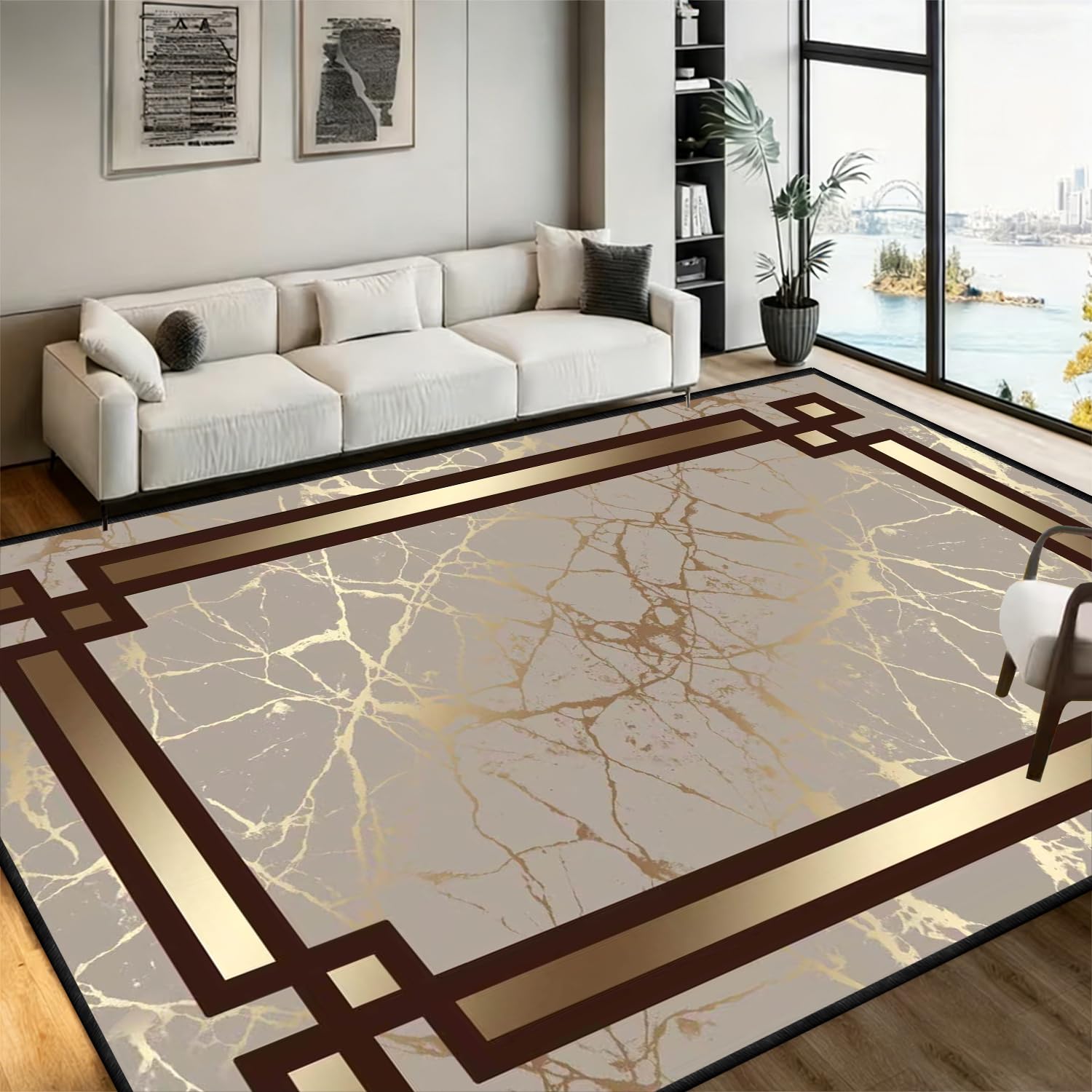 Bycmuoz Grey Gold Marble Effect Area Rug, 120x180cm, Non-Shedding with Black Edging, Abstract Geometric Border Carpet for Bedroom Living Room, Modern Contemporary Mat