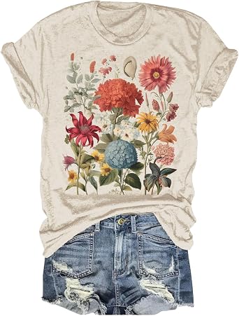 Womens Vintage Flowers Shirt Casual Boho Floral Printed T-Shirt Sunflower Wildflowers Graphic Tees Tops for Girl