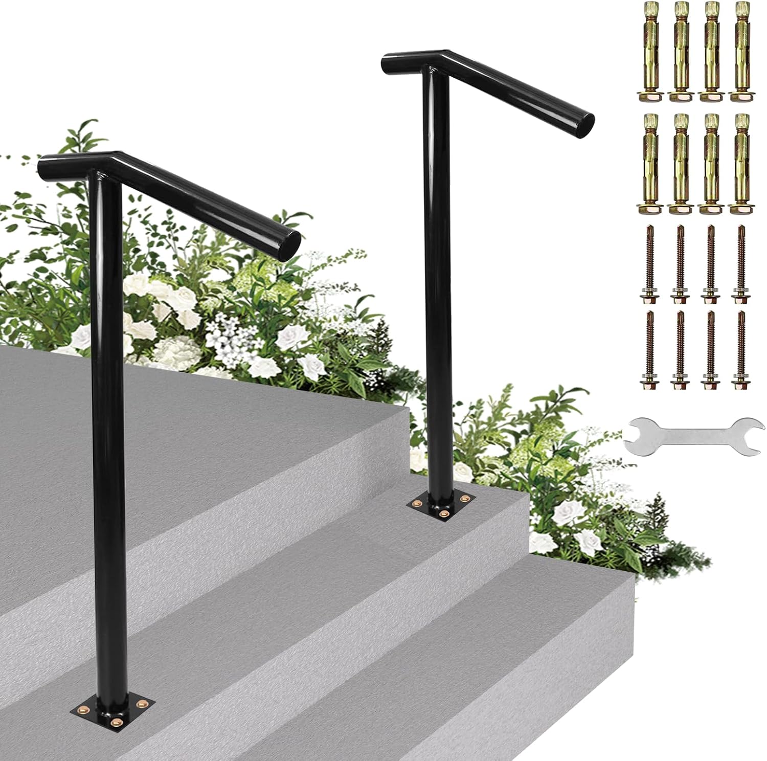2PC Handrails for Outdoor Steps-Single Post Wrought Iron Handrail for 1, 2 Step, Outdoor Stair Rail Handrails with DIY Tool Kit, 40" H Black Hand Rail Powder Coating for Concrete Steps or Wood Stair 2PC 1-2 Steps