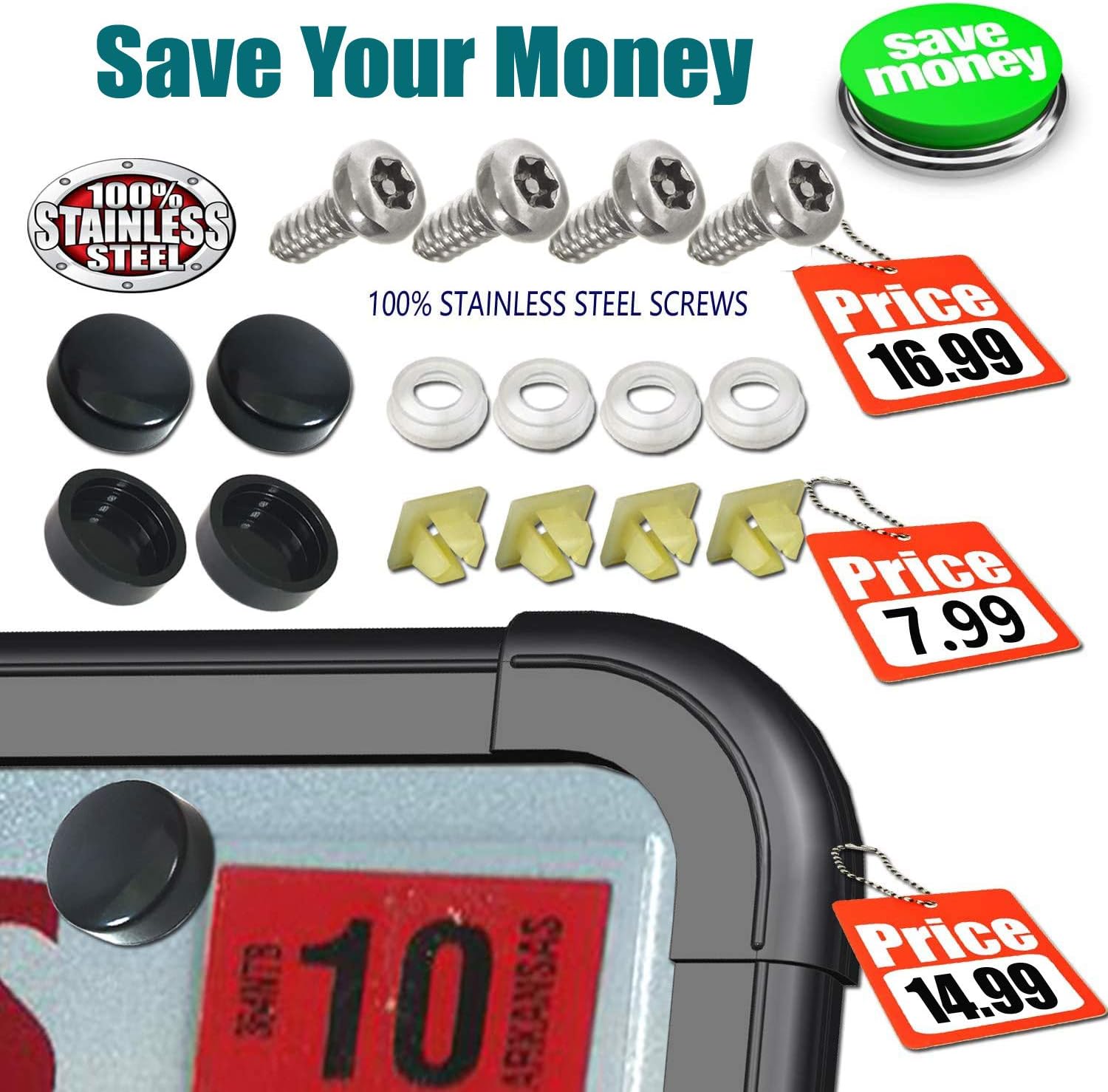 PRUST Anti Theft License Plate Frame- Black Silicone Car Plate Holder and Stainless Steel Tamper-Proof Screws kit, with License Plate Mounting Hardware- M6 Security Self-Tapping Bolts, Nuts, Caps