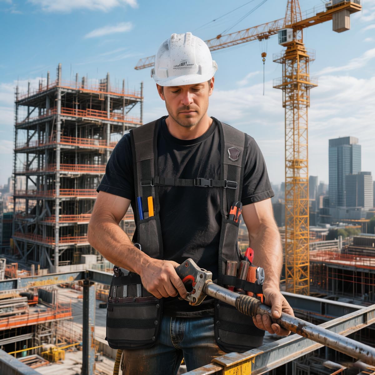 WELKINLAND Heavy-Duty Canvas Tool Vest with Top-Grain Leather, 33-Pocket Tool Vests, Heavy Duty Tools Vest, Comfy Carpenter Vest, Multi-Functional Tool Vest For Carpenter, Electrician & Construction - Image 2