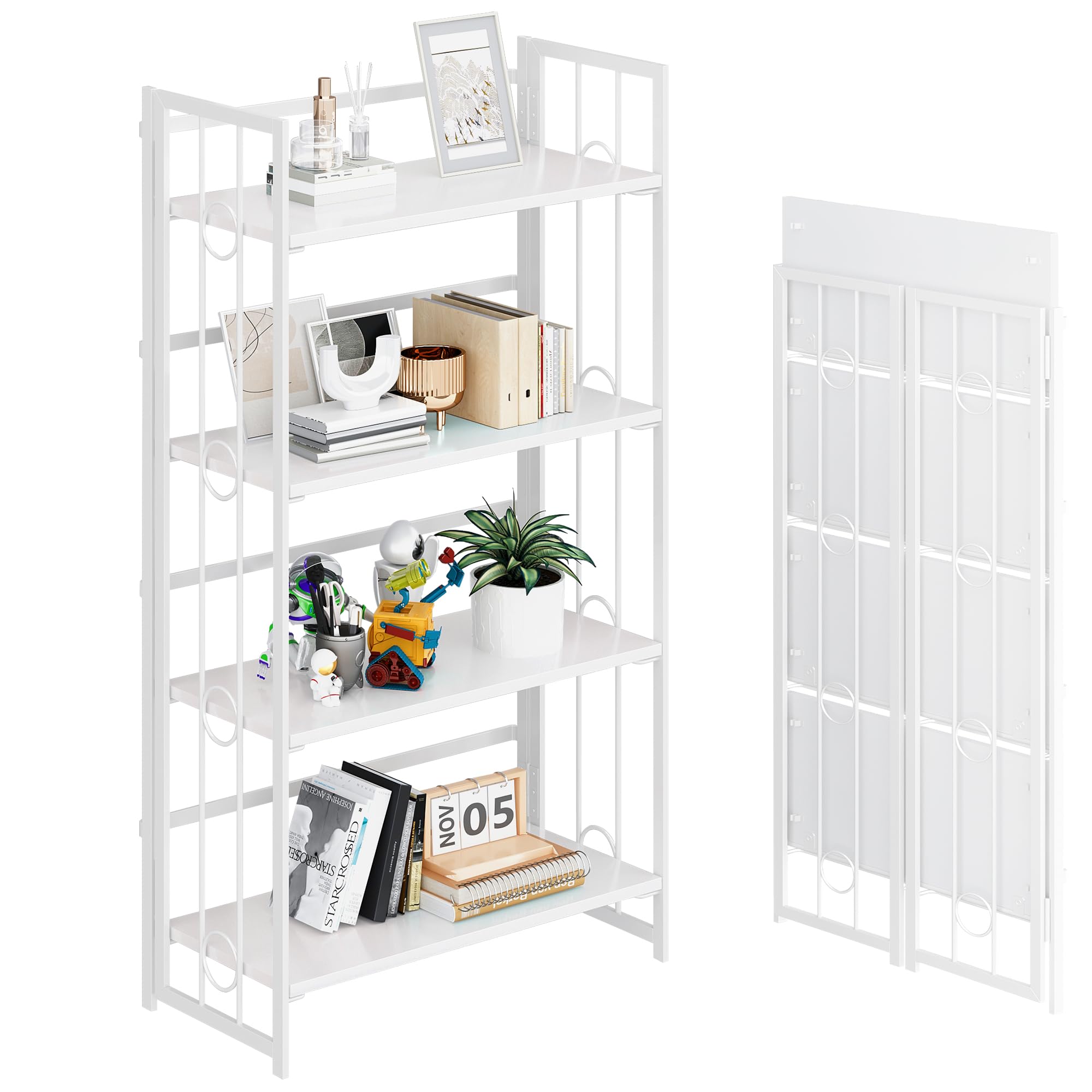 4NM No Assembly 4 Tiers Folding Bookshelf, 47.2" H Foldable Storage Shelves Vintage Bookcase Standing Racks Study Organizer Home Office - All White
