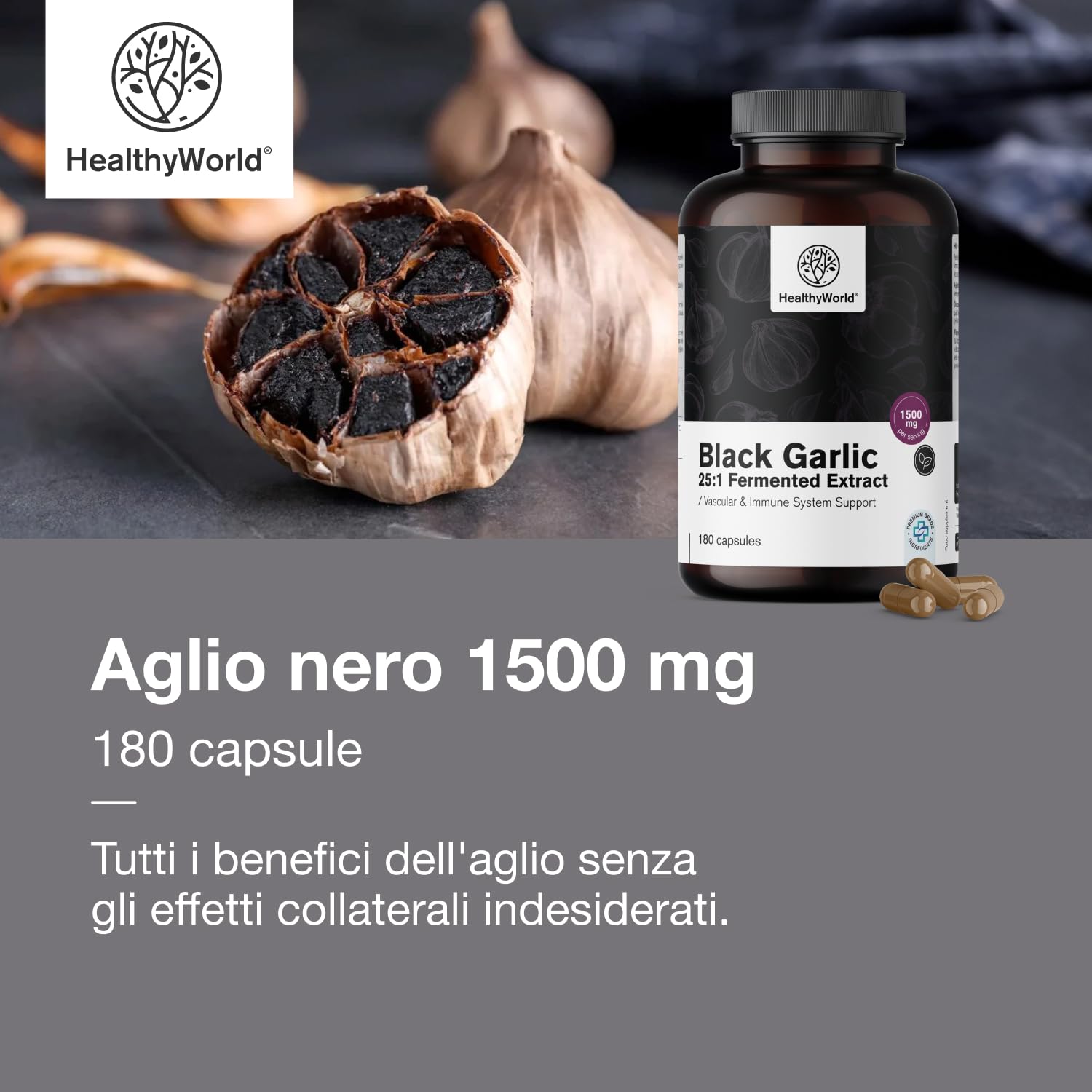 HealthyWorld® Aglio Nero 1500 mg - 180 Capsule - Estratto di Aglio 25:1-20% Polifenoli - Inodore e senza sapore sgradevole - Per più di 3 mesi - Sistema immunitario e Circolazione