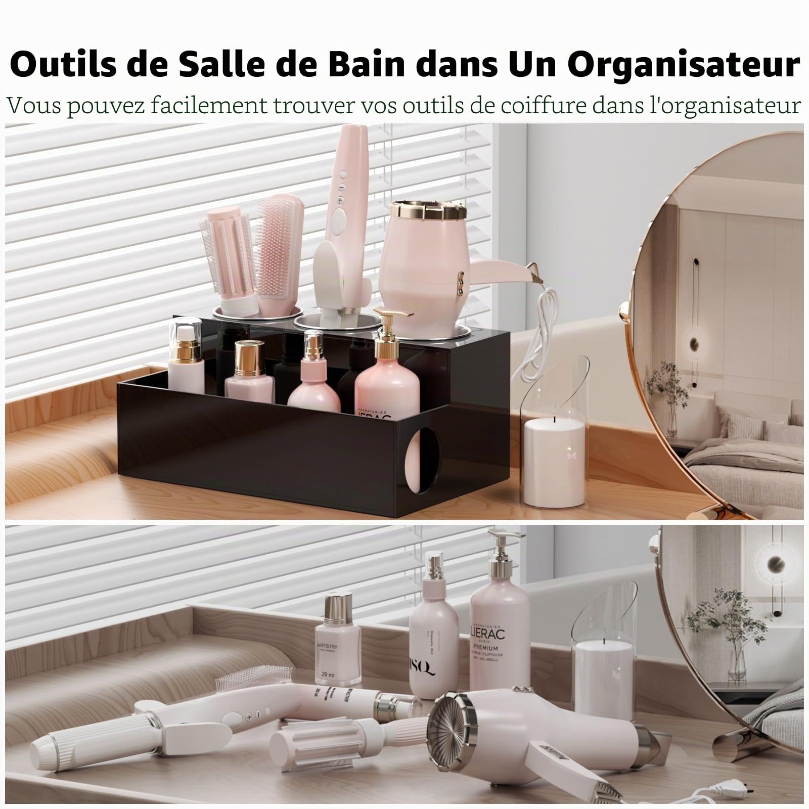 NIUBEE Organisateur d'outils pour cheveux, sèche-cheveux et coiffure, support de salle de bain en acrylique noir, support de sèche-cheveux pour comptoir de salle de bain, support de rangement pour