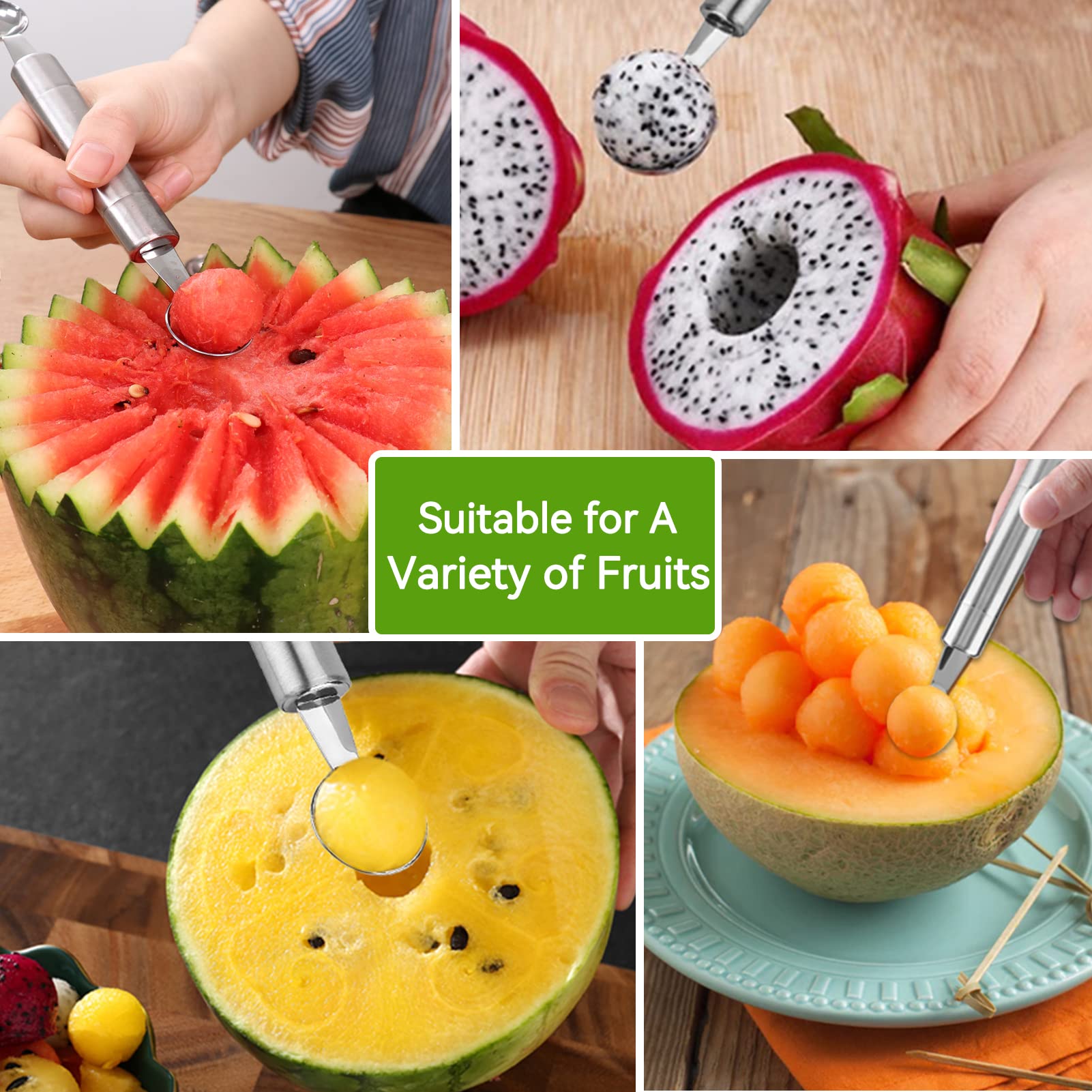 Melon Baller Scoop, Stainless Steel Fruit Melon Baller Carving Knife for Watermelon Cantaloupe (Double Ball Ends)