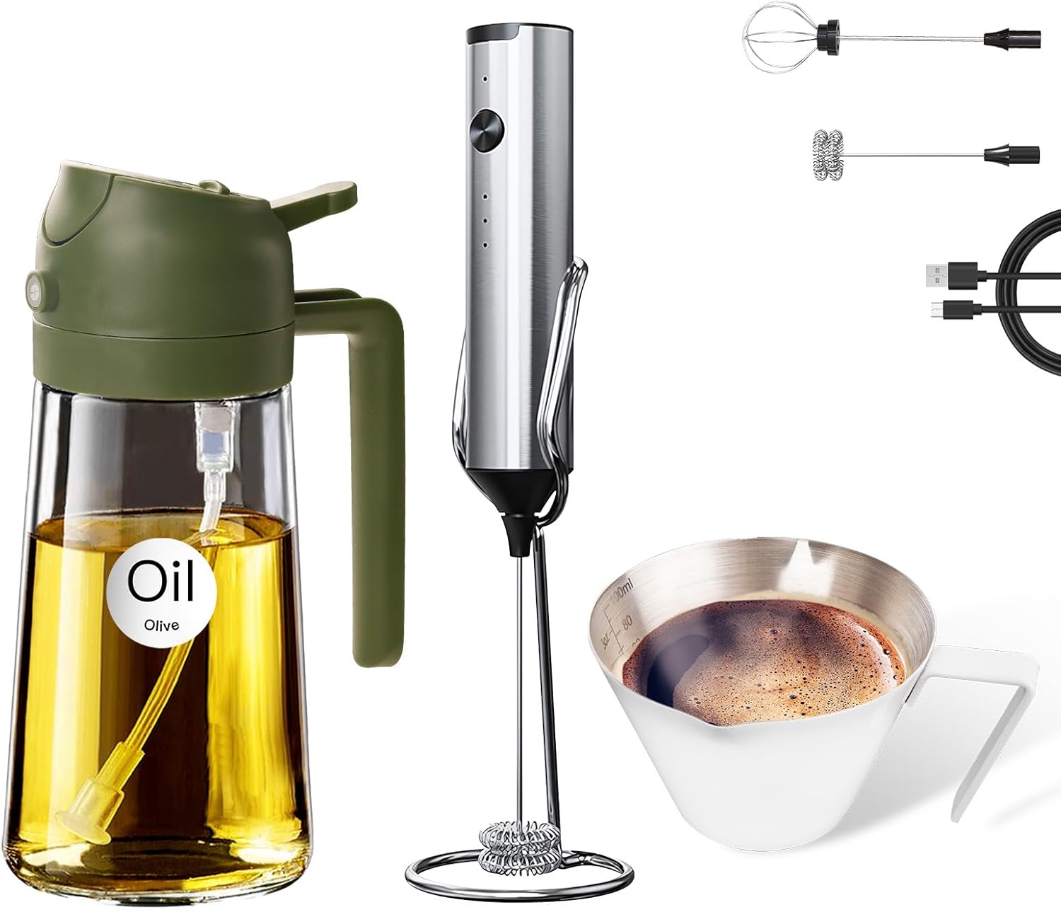 YARRAMATE 16oz/470ml Glass Olive Oil Sprayer, 180ml Glass Measuring Cup and Rechargeable Milk Frother
