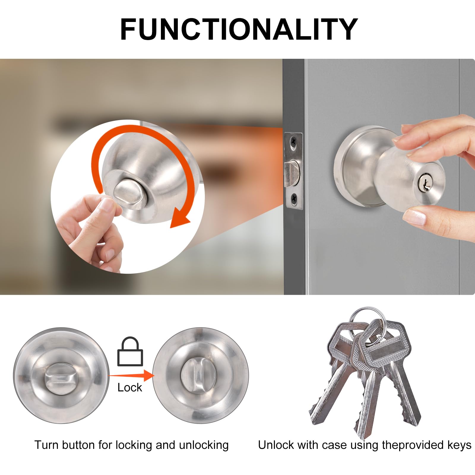 YELANGU Entrance and exit Door Knob with Key Stainless Steel Exterior Doors Knobs Round Security Front Doors Lock Set Satin Nickel 1 Pack(Silver) - Image 4