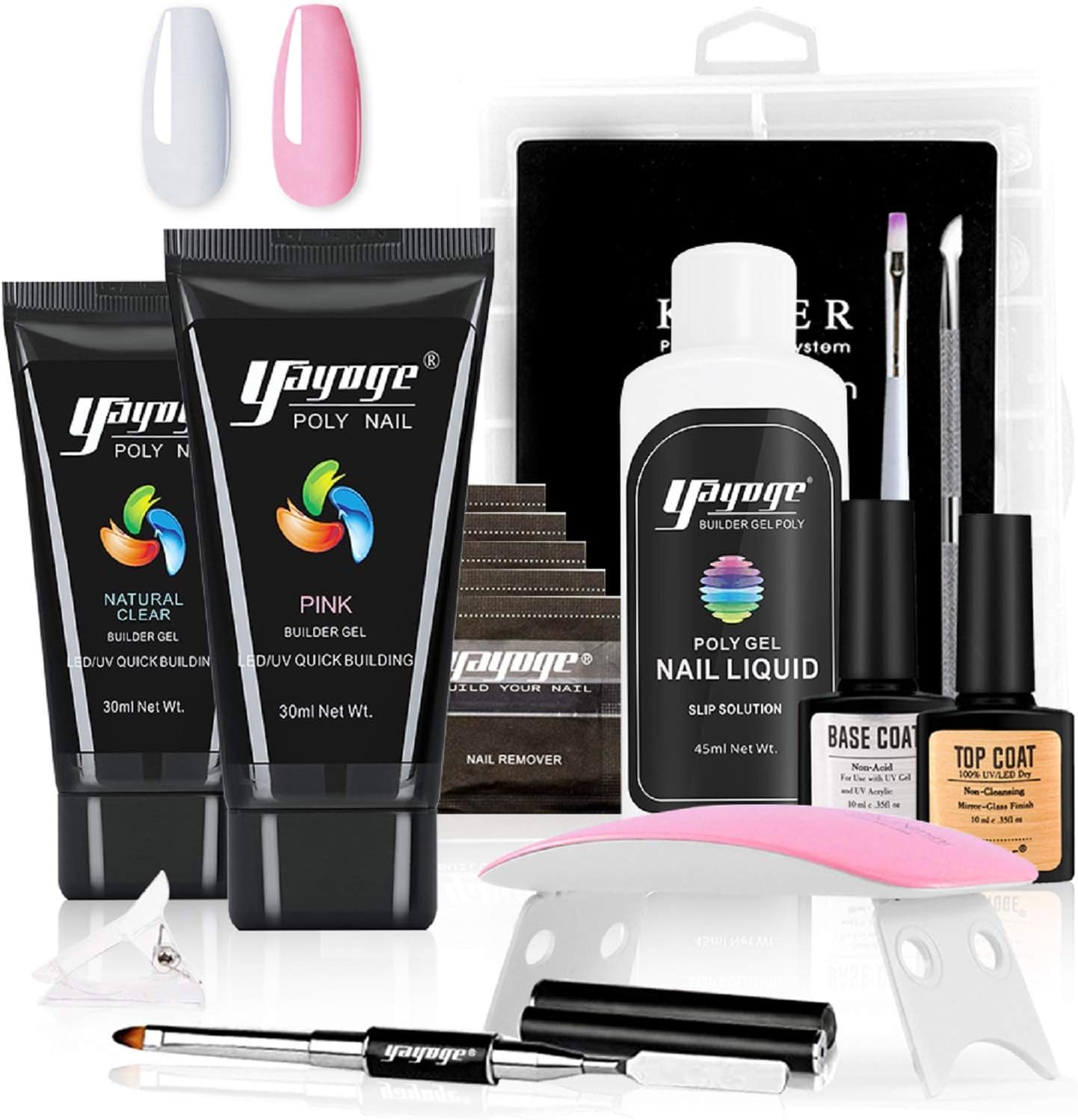 Poly Nail Gel Kit Nail Extension Gel Kit with UV Light - 2 Tubes 30ml Poly gel in Clear Pink Colors Nail Extension Gel Kit with Slip Solution, Builder Gel Nail Extension Gel All-in-One Kit