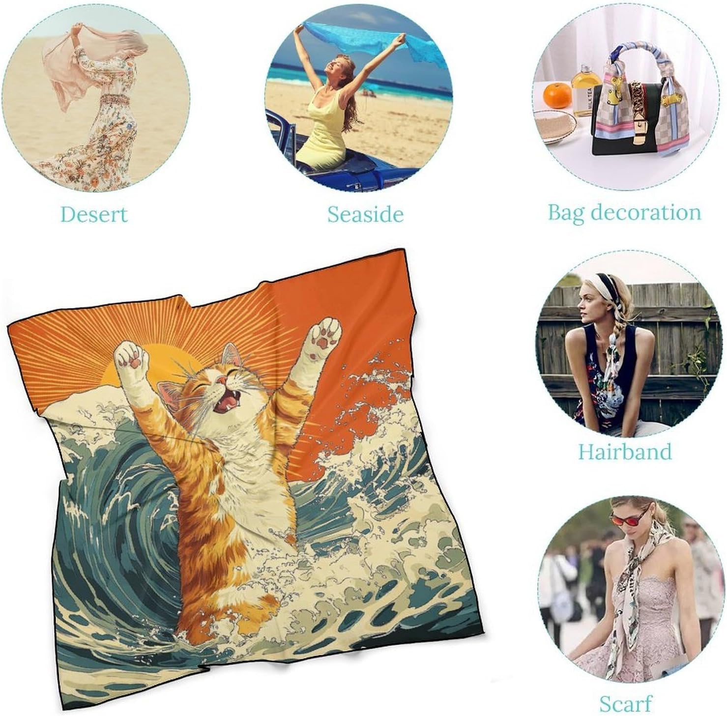 Japanese Cat Ocean Wave Bandana Fashion Head Scarf Square Silk Scarf Print Neck Hair Scarfs for Women Men Gifts