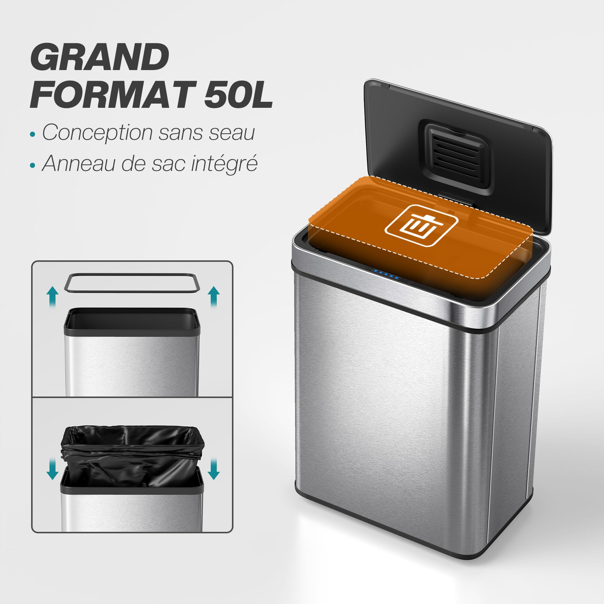 HOMCOM Poubelle à Capteur 50 L, Couvercle à Fermeture Douce Argenté | Poubelle de Cuisine Automatique sans Contact, en Acier Inoxydable Anti-Traces, pour Cuisine, Maison, Bureau