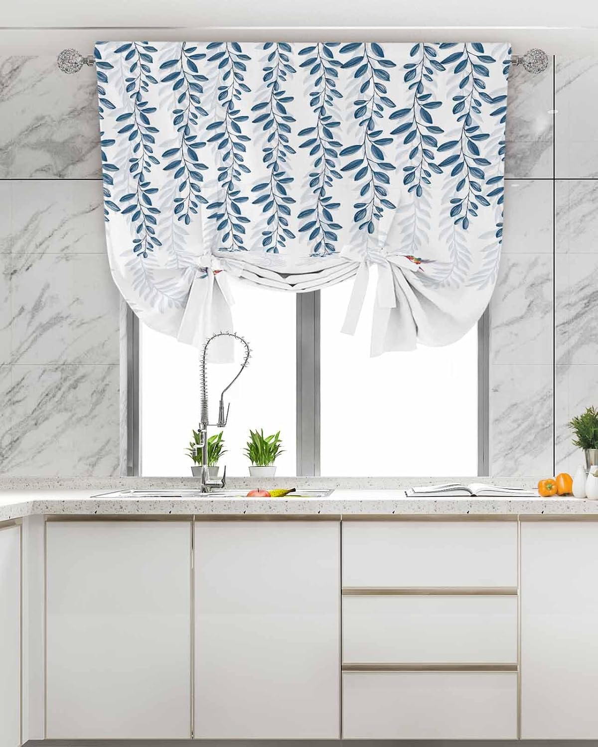 Tie Up Curtains Tie Up Window Shade, Blue Leaves Plant Leaf Bird Adjustable Balloon Curtains Blackout Tie Up Curtains for Windows Rod Pocket Panel, 42" W x 63" L