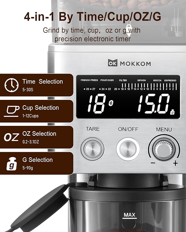 MOKKOM Electric Coffee Grinder with Removable Coffee Scale, Anti-static Conical Burr Coffee Bean Grinder,31 Precise Settings for Espresso Pour Over, French Press, Stainless Steel by MOKKOM - Image 5
