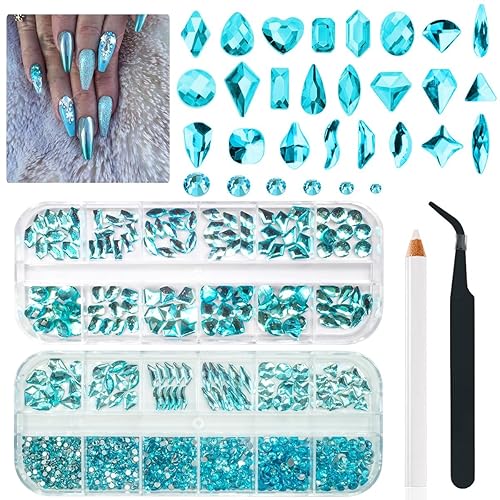 24 estilos de diamantes de imitación de uñas aguamarina con piedras azules lago, diamantes K9 de cristal con parte trasera plana de cristal azul