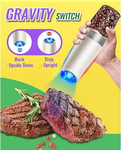 Miniatura 9 de Rongyuxuan juego de molinillo eléctrico por gravedad de sal y pimienta, molinillo automático de pimienta y sal, funciona con pilas, molienda