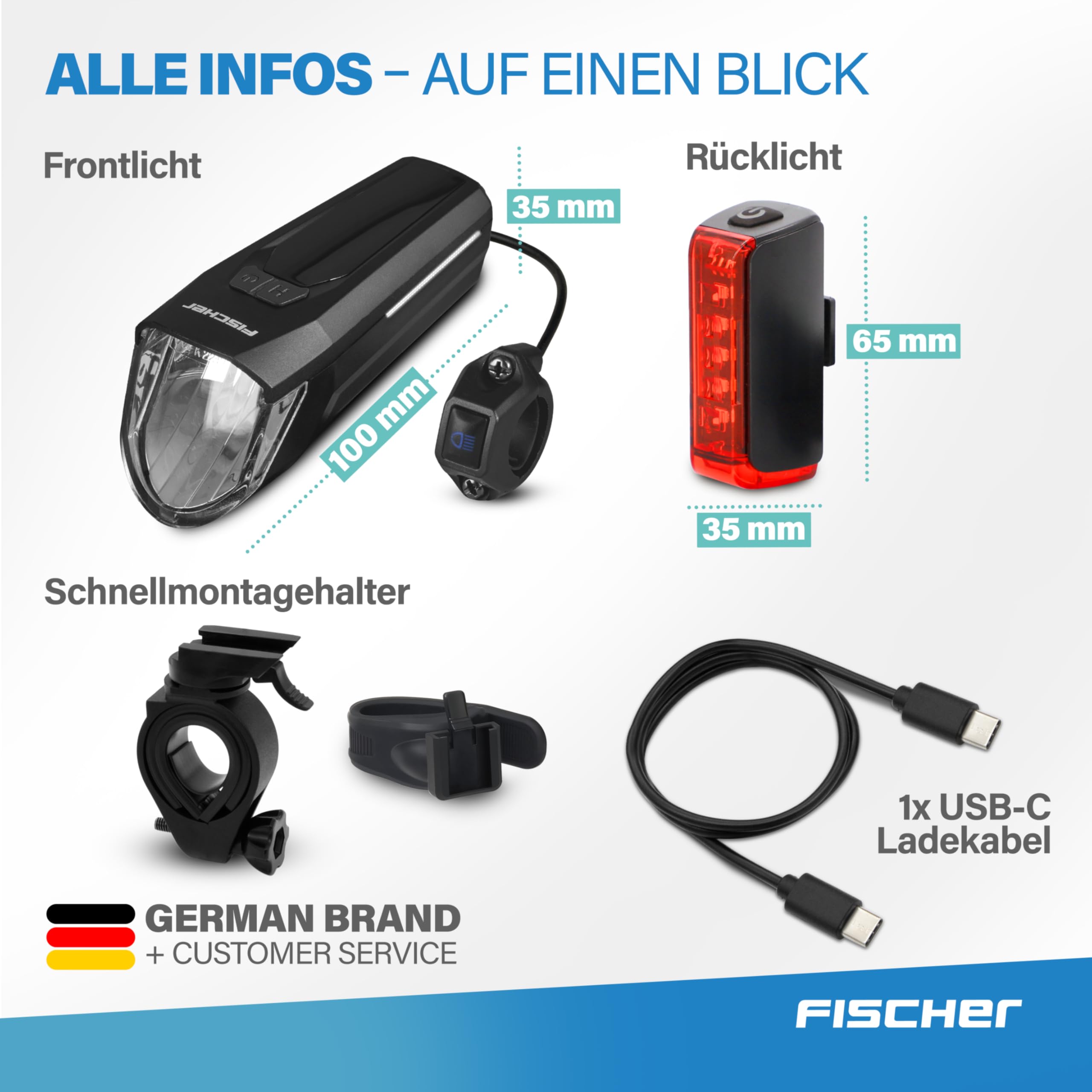 Fischer Fahrrad LED-Akku Beleuchtungs-Set Twin Stop 100 Lux, mit Sensormodus, Lange Leuchtdauer, stabiles Aluminium-Gehäuse, schwarz, 1 Stück