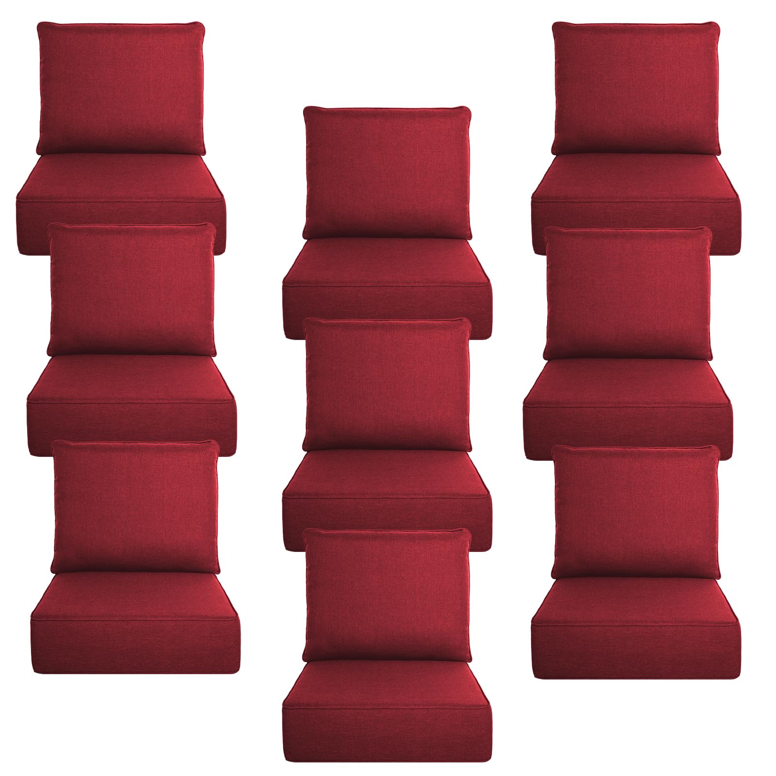 Luxury 6" Thick Outdoor Cushion Set 9-22x24 Patio Furniture Cushions with 28D High-Density Foam, Water-Resistant &amp; Fade-Resistant Fabric, Removable Covers for Patio Furniture Sofa Couch -Red