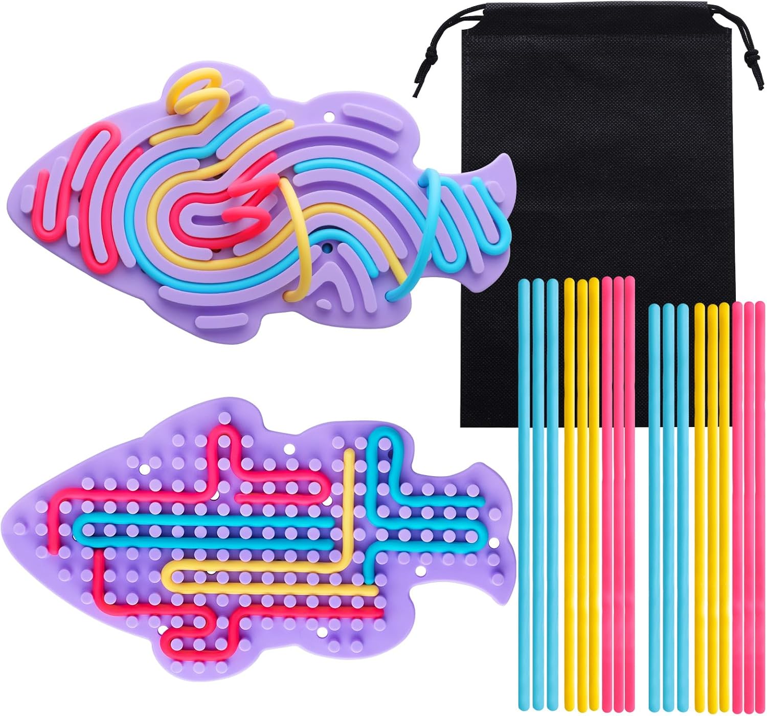 Sensory Activity Board for Kids, Sensory Fidget Toys, Autism Products, ADHD Toys for Calming, Silicone Adult Fidgets for Anxiety and Stress, Kids Fidget Toy Gift – Extra Carry Bag + 18 Strings（Fish）
