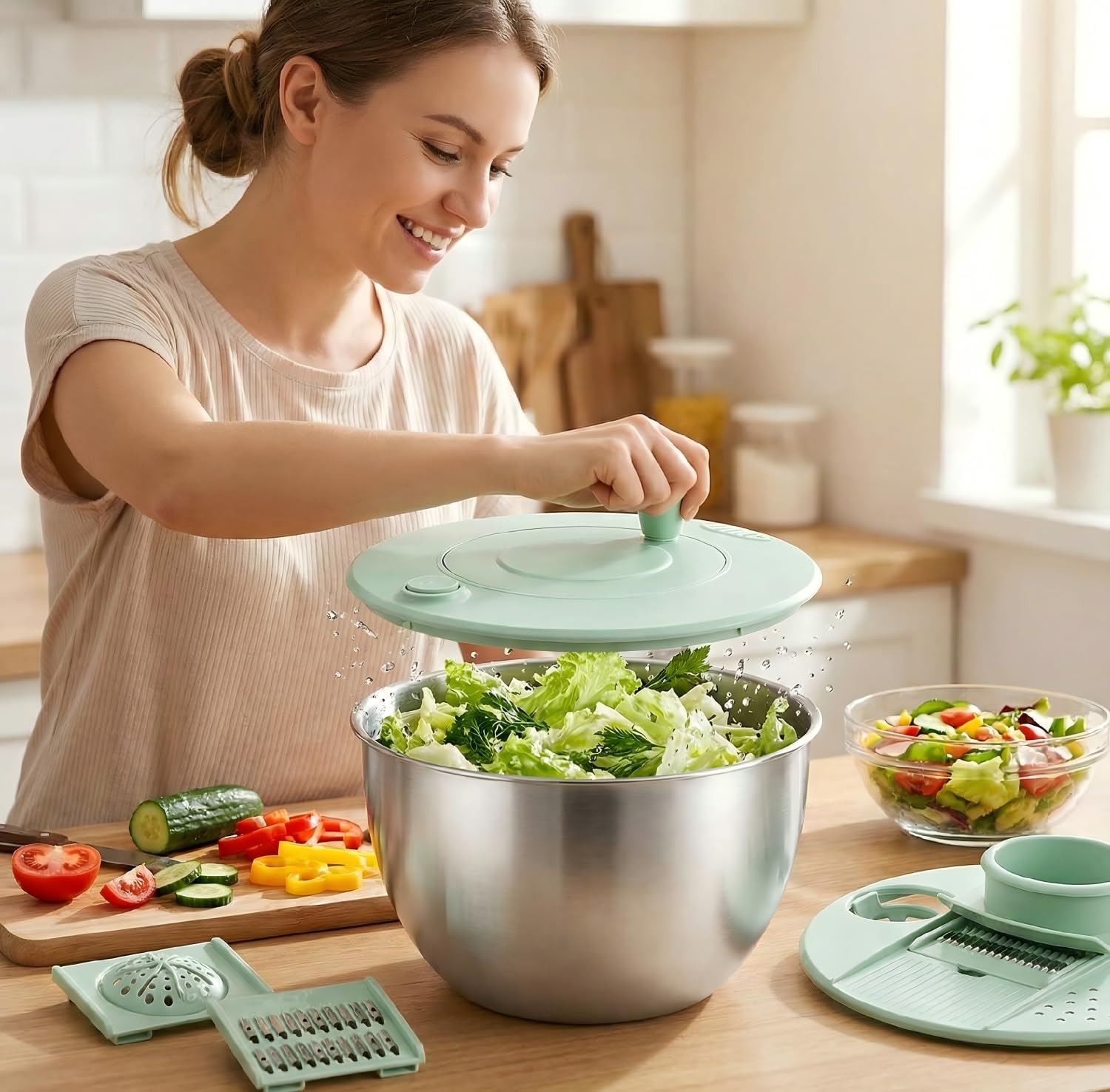 5L Essoreuse à Salade-Acier Inoxydable, Grande Spinner a Salade avec Couvercle, Salad Spinner pour Laver et Bouton, Base Antidérapante, Utilisée pour Nettoyer, Légumes, Sécher,Couper les Salades