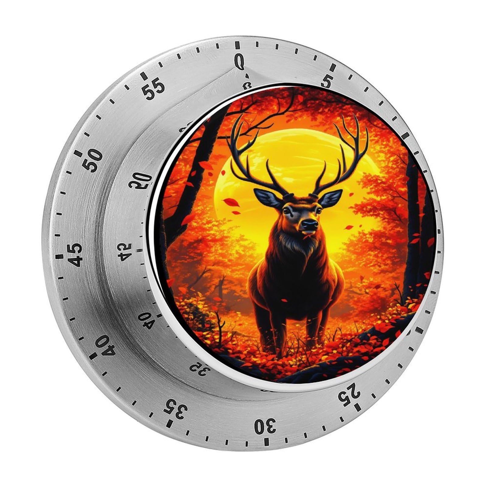 Deer Autumn Moon Wildlife Art 60 Minute Wind Up Timer,Visual Mechanical Magnetic Timer with Loud Alarm for Kitchen