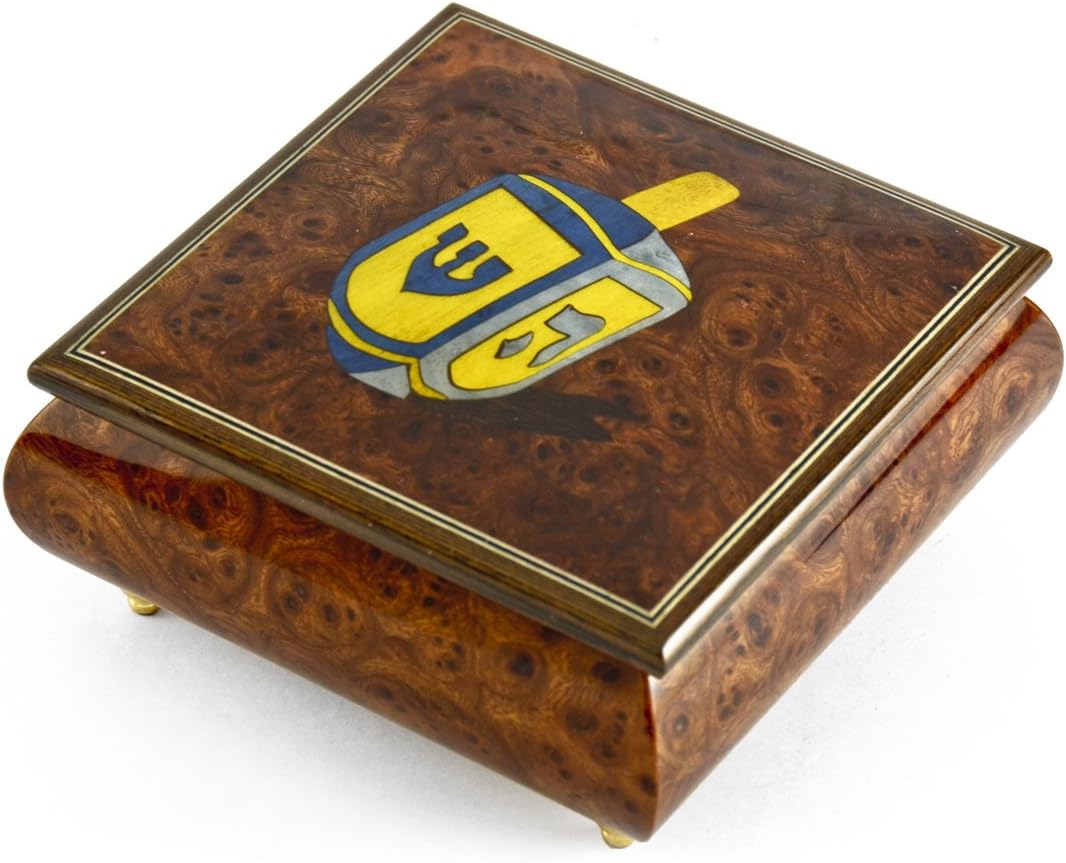 Traditional Jewish Dreidel Wood Inlay Musical Jewelry Box - Many Songs to Choose - Rock Around The Clock