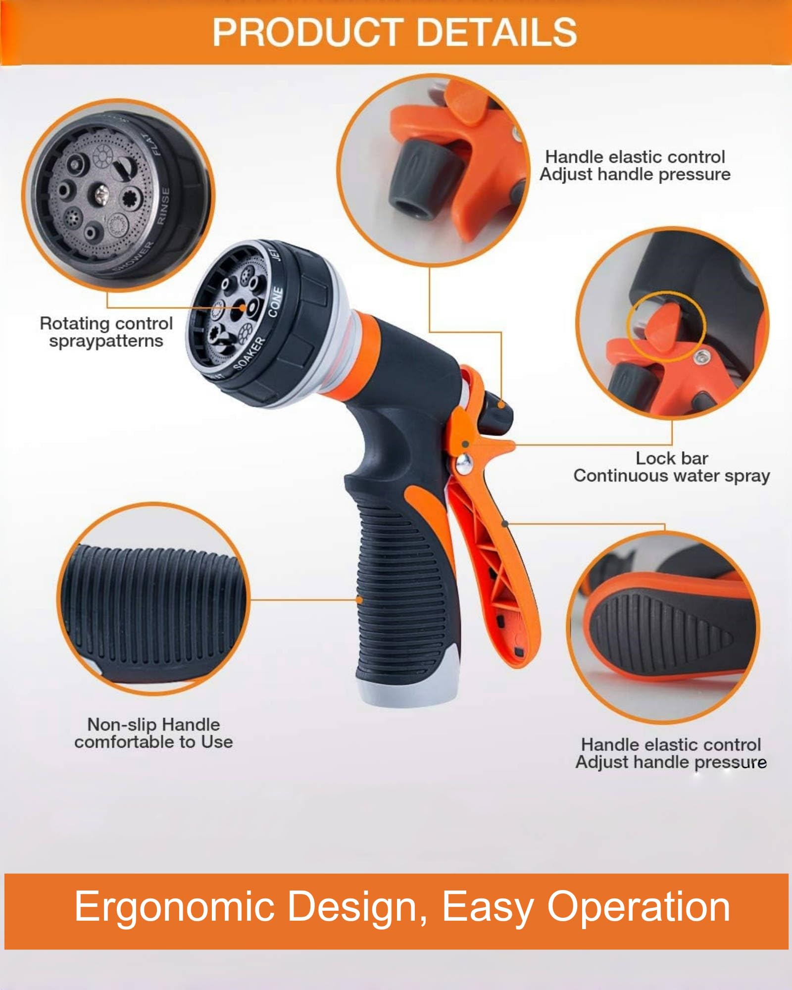 Solifo Garden Hose Nozzle,New Upgraded Version High-Pressure 8 Spray Patterns Adjustable Hose Sprayer Nozzle,ABS Slip Resistant,Water Hose Nozzle for Plant Watering,Car Wash,Showering Pets,Outdoor Fun