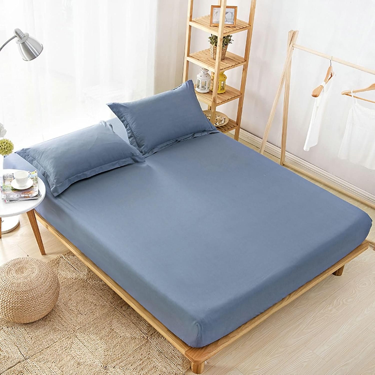Beydodo Fitted Sheet with Deep Pocket, Bed Sheets 150x200cm Solid Blue Grey, Cotton Fitted Bed Sheet for Dorm
