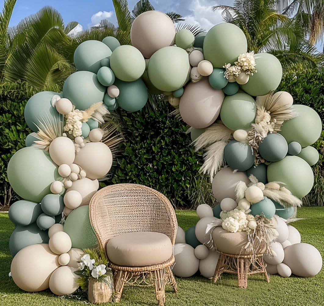Dusty Green White Sand Balloon Garland - Double Stuffed Light Sage Green White Cream Balloon Arch Kit Latex Olive Beige Balloons for Baby Shower Birthday Woodland Wedding Wild One Party Decor