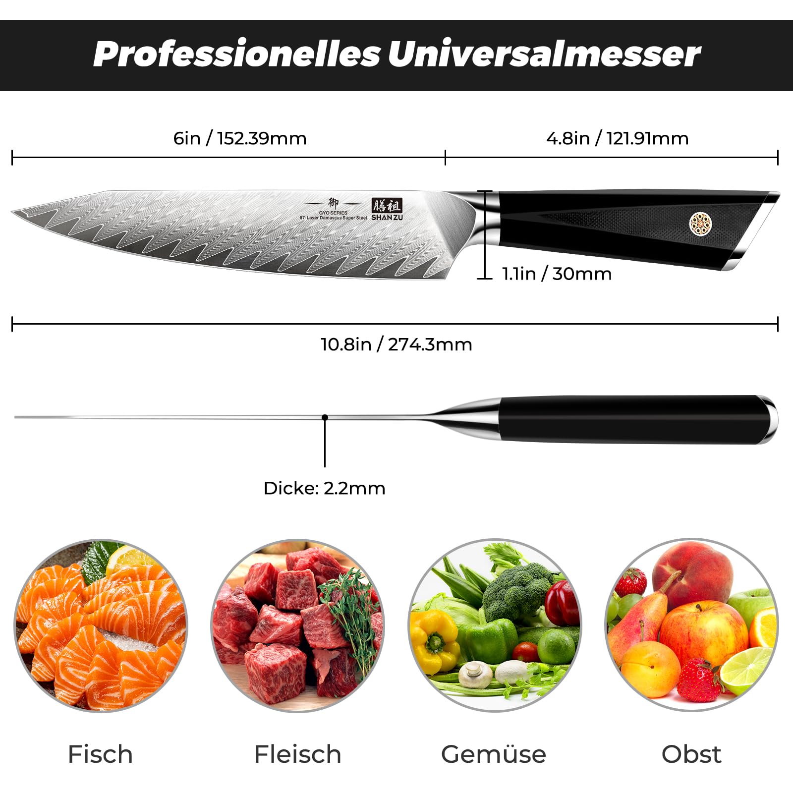 SHAN ZU Damast Küchenmesser, Profi Allzweckmesser Kochmesser 15 cm, Damastmesser 67 Schichten Edelstahl Japanischer Stahl 10Cr15Mov Profi Küchenmesser Messer, Mit G10 Griff - GYO Series
