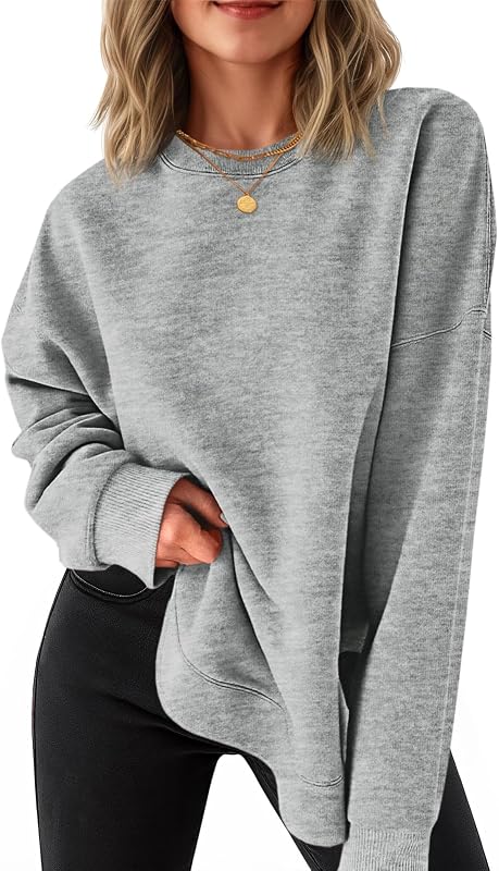 Fisoew Womens Crewneck Sweatshirts Casual Long Sleeve Side Split Hihg Low Curved Hem Shirts Loose Fall Tunic Tops Grey