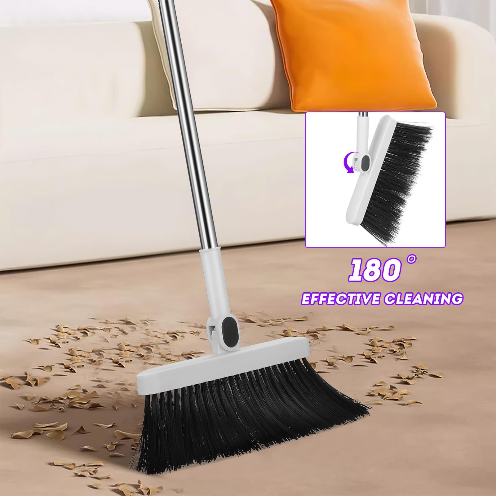 Juego De Escoba y Recogedor 3 1 Blanco, con Mango Largo y Ergonómico, Escoba Densa De Cerdas Suaves, Recogedor Plegable con Dientes Retráctiles, Adecuado para Interiores y Exteriores