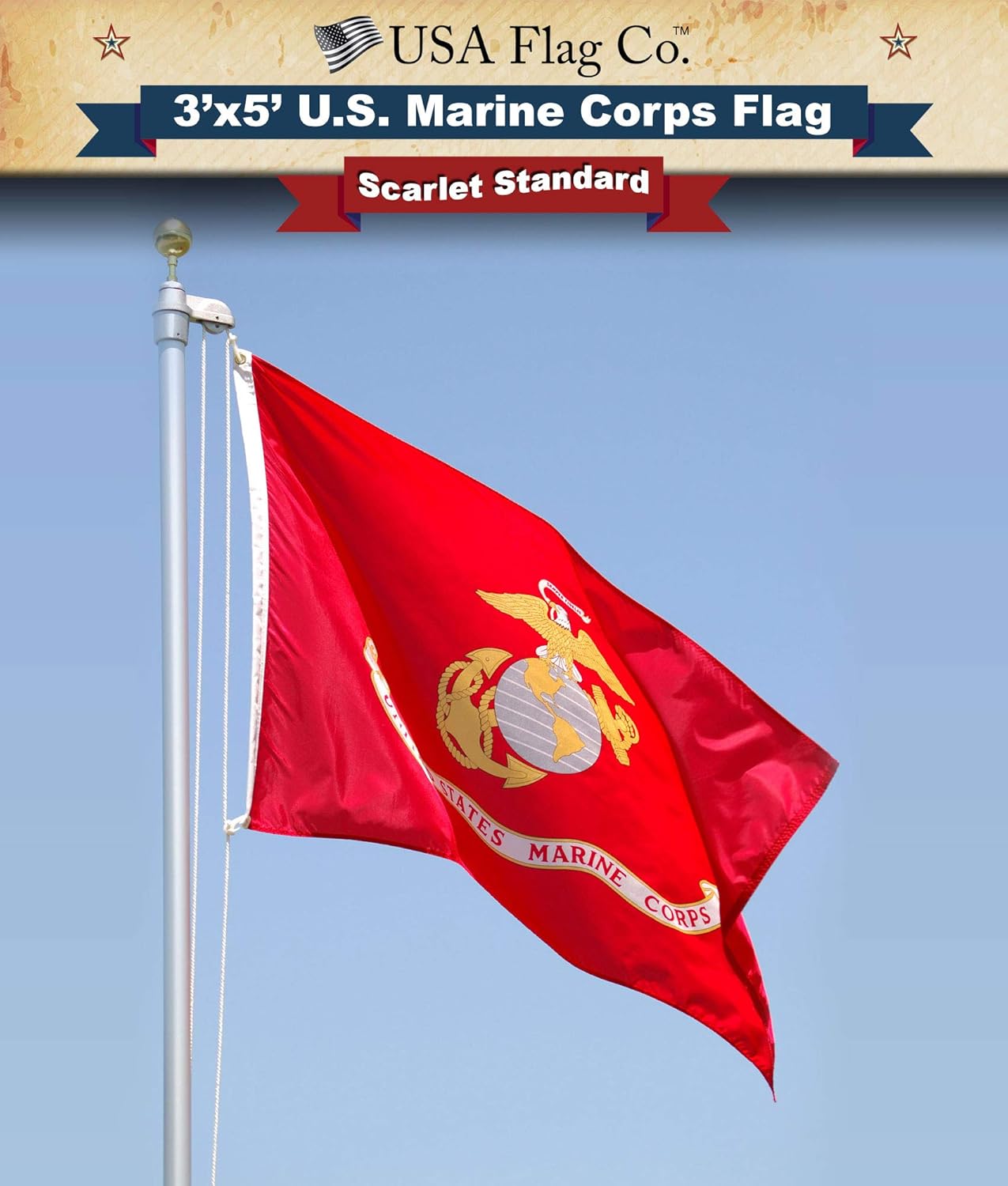USA Flag Co. Marine Corps Flag 3x5 Outdoor USMC Flag, 100% American Made, Scarlet, Gold and Gray