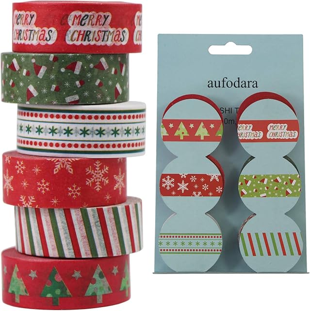 aufodara 6 Rolls Washi Tape Christmas Designs Decorative Masking Tape Paper Adhesive Tape Stickers Scrapbooking DIY Crafts Gift Wrapping Decoration, 10m x 15mm/Roll