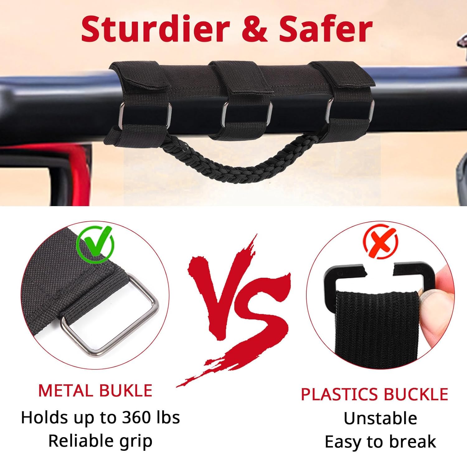 4 Pack Grab Handles with Metal Buckle Fits for Jeep Wrangler 1955-2024 JT JL JK TJ CJ YJ & Gladiator 2-4Inches Diameter Roll Bar Handles Grab